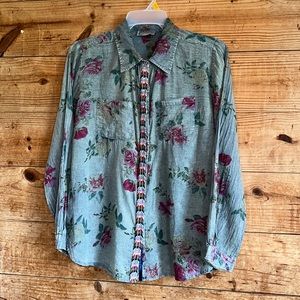 Magazine floral print embroidered lightweight button down shirt